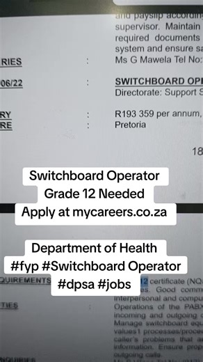 Switchboard Operator Department of Health #fyp #Switchboard Operator #DPSA #Jobs | Job sharing database