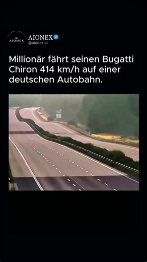 𝐀𝐈𝐎𝐍𝐄𝐗 on Instagram: "414 km/h auf einer öffentlichen Autobahn 🏎️🔥 Dieser Bugatti Chiron erreichte auf einem freien Abschnitt der deutschen Autobahn eine Geschwindigkeit, die schneller ist als der Abhebevorgang vieler Flugzeuge. Gesteuert von einem Millionär, zeigt das Video einen der extremsten Momente moderner Ingenieurskunst im realen Straßenverkehr. Der 8,0-Liter-W16-Motor mit fast 1.600 PS liefert nicht nur rohe Leistung, sondern kontrollierte Präzision. Aerodynamik, Allradantrieb u