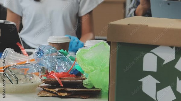 Garbage separation concept. Female hands separate paper and plastic into separate containers in the kitchen at home. Waste segregation, waste sorting, waste recycle.