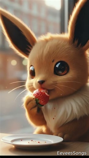 Eevee nibbling a strawberry at cafe window!
