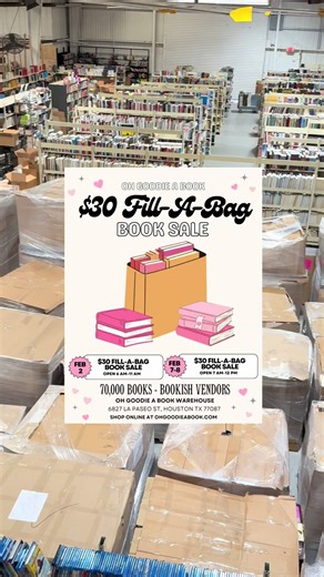 💕February Fill A Bag Book Sale 💕📚 Our new shipment of books is here! Over 40,000 books have arrived in time for our next book sale 📚 We’re stocking the shelves daily as we get ready for our February Fill A Bag Book Sale. Don’t miss out! 💗 ⬇️ MORE INFO ⬇️ How the $30 fill a bag sale works? We will provide the bag for you to fill at our sale. You can fill it to the brim by going through our warehouse with over 70,000 books! There is no limit on the amount of bags you can purchase. Purchases w