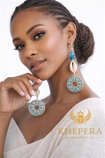 Cowrie Shell & Enamel Mandala Drop Earrings, African Inspired Statement Earrings, Blue Agate Bead Jewelry - Etsy