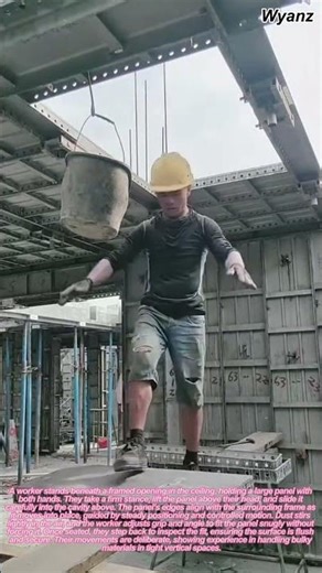 worker lifting panel into ceiling above | daily construction routine