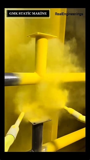 Gmk Static Makina on Instagram: "Surface Treatment Excellence with GMK STATIC Difference: Electrostatic Powder Coating!+++ Forget traditional liquid paint-witness the mesmerizing efficiency of Electrostatic Powder Coating. In this clip, metal components are being coated in a vibrant yellow finish using a dry powder process that is as scientific as it is satisfying. The Physics of Attraction How does the powder stick so perfectly without dripping? Electrostatic Charge: The spray gun nozzle impart