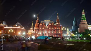 Moon over Moscow Kremlin. View from Tverskaya street. Timelapse in motoion