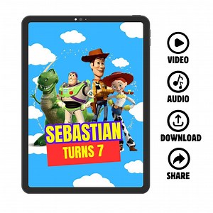 Personalized virtual toy story birthday video invitation, woody and buzz lightyear digital animated birthday invitation template to share