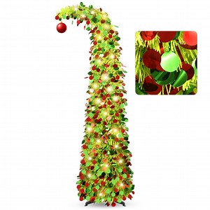 Ayieyill 5ft Pencil Christmas Tree, Collapsible Xmas Tree with Lights, Pop Up Tinsel Tree for Christmas Decorations Indoor, Green