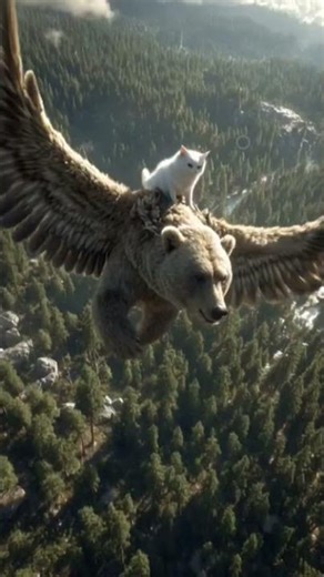 When a Cat Rides a Flying Bear Above the Wild Forest 🐱🐻🌳💫#cat #animals #catvideos #viral #shorts