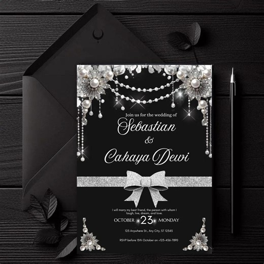 Black Floral Glitter Birthday Invitation | Elegant Silver Glam (canva Editable Digital Invite) - Etsy