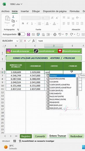 Como utilizar las funciones =Redondear / =Entero / =Truncar en Excel. #cursosonline #cursodecexcel #cursoexcel #exceltrucos #exceltutorialforbeginners #excelpro #exceltrucosrapidos #exceltips #excel #exceltutorial