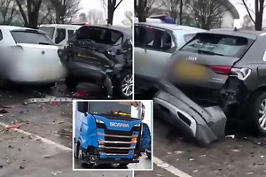 Aftermath of 17 car smash seen on video, as lorry driver rushed to hospital
