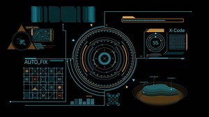 Animated display with HUD and infographic elements for data processing