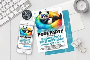 Panda Pool Party Birthday Invitation, Digital Invite 5x7 4x6 Printable Editable Template PDF JPG - Etsy UK