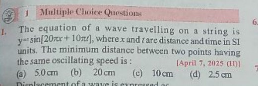 The equation of a wave travelling on a string is y = \sin[20\... | Filo