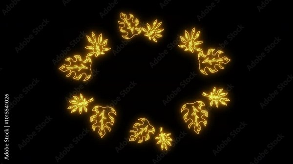 Neon Line Light Autumn Leaves Glowing Led Light Frame Template. Fall leaves animated frame for title bar design Modern 4K Video motion graphic animation Isolated on black
