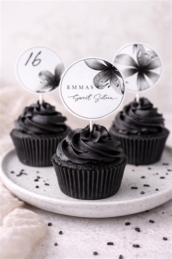 Sweet 16 Cupcake Toppers, Black and White Floral (digital Download) - Etsy Canada