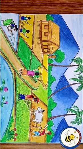 #shorts beautiful village farm scenery drawing easy step by step for beginners
