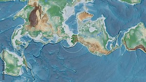 United States Alaska area presented against the global physical map in the Kavrayskiy VII projection with animated oblique transformation