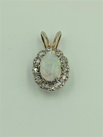 14k White Gold Opal Diamond Mid Century Gemstone Pendant Charm - Etsy