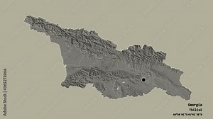 Mtskheta-Mtianeti, region of Georgia, with its capital, localized, outlined and zoomed with informative overlays on a administrative map in the Stereographic projection. Animation 3D