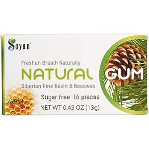 Sayan Sugar-Free All Natural Siberian Pine Tree Resin and Beeswax Chewing Gum – 6 Packs (96 Pieces) for Fresh Breath – Vegetarian, Non-GMO, Gluten Free, Aspartame Free, No Preservatives