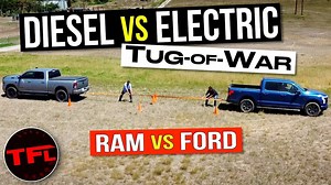 Watch Electric Vs Diesel Tug Of War: Ford F-150 Lightning Vs Ram 2500