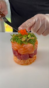 368K views · 5.9K reactions | SUSHI STACK  How delicious does this Sushi Stack look?!  We made this one using fresh tuna, salmon, spicy krab, seaweed salad, crunchy onion, green onion, & masago! To be honest, we’re just happy it held together!  Would you give it a try? | W A V E 波 - Asian Bistro & Sushi | Facebook