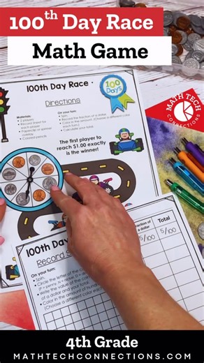 Mariela | Math Tech Connections on Instagram: "Whether you go big for the 100th Day or keep it simple 💯 This 4th grade money game is an easy center students love. They spin, record, and race to $1.00 while practicing coins as fractions of a dollar. 💬 Comment MONEY for the link! #100thdayofschool"
