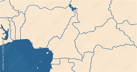 Beautiful zoom in of a cameroon map with most important cities and frontier lines