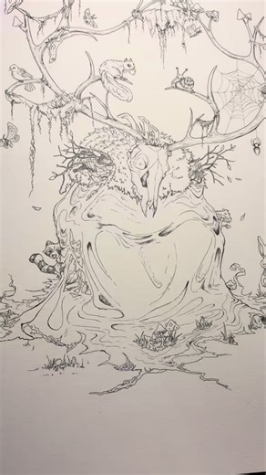 Watch til the end! The painting of the wendigo has ✨begun ✨ 🤩 #painting #process #paintwithme #catsoftiktok #fyp #mochi #mochithecat #artteacher #wip #artwip #drawing #paint #cat