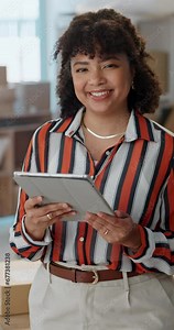 Designer, tablet and happy professional woman for ecommerce store delivery, career experience or retail shipping. Export, portrait and small business owner, entrepreneur and pride in dropshipping job