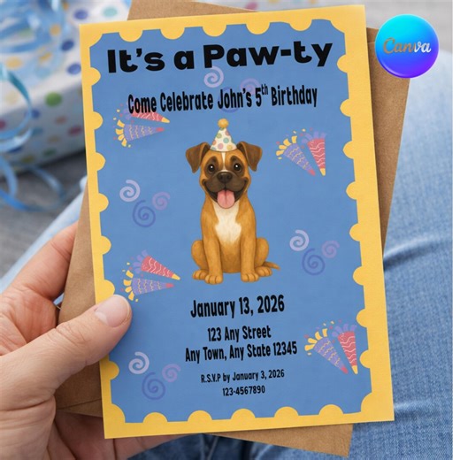 Boxer Dog Birthday Invitation Template: 5x7, Editable in Canva - Etsy