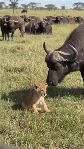 🌿 Sweet or Dangerous? Baby Lion Gets Up Close With an African Buffalo!