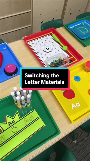 Come switch out our letter of the week with me! This week we’re changing everything over to the letter A. In our main learning area, I switch our Environmental Print Alphabet, move to the next Alphabet Word Card in our pocket chart, and add our Handwriting Without Tears magnetic lines to show how the letter is formed. I also switch out our Meet the Letters card, Alphabet Motion Card, and High Five Letter Review. I re-record our recordable buttons with the new letter name and letter sound, then s