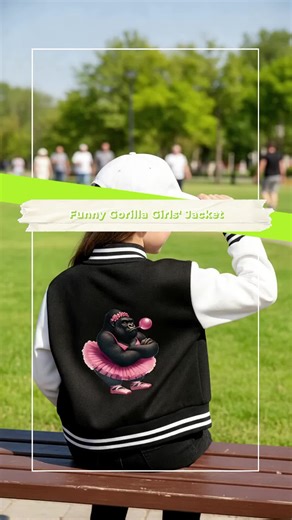 Funny Ballet Gorilla Pattern Girls' Baseball Jacket, Cartoon Print, Fitted Style, Fall & Winter, Ages 4-14, Casual Sporty #jackets #kidswear #prettygardensweatsuit #babygirloutfits #fashionkid #kidsboutique #printedjeansforgirls #animaloutfitbabies #fashionjacket #kpopkidswear