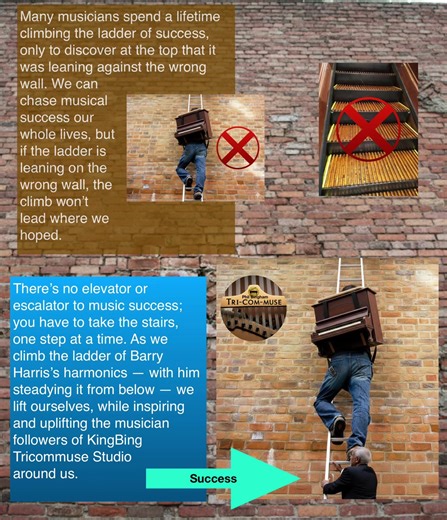 Barry Harris There’s no elevator or escalator to music success; you have to take the stairs, one step at a time. As we climb the ladder of Barry Harris’s harmonics — with him steadying it from below — we lift ourselves, while inspiring and uplifting the musician followers of KingBing Tricommuse Studio around us.#fyp #BarryHarris #piano #jazz #success