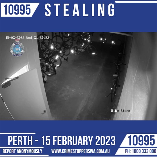 Perth Police are investigating an incident which took place at around 9.20pm on Wednesday 15 February 2023. A man is seen on CCTV use an access card to enter a secure bike room in a residential building on Murray Street in Perth. The man removed a black and red mountain bike from the room which was not his. The next day the same man in company with another man entered the bike room and returned the black and red mountain bike to the rack and then took a dark grey Giant mountain bike and both men
