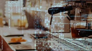 Program codes and a cup of coffee in a coffee machine