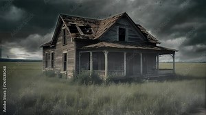 creepy empty old house. the sky is dark and eerie.