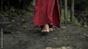 women's barefoot legs walking along a smooth rock in a rainforest