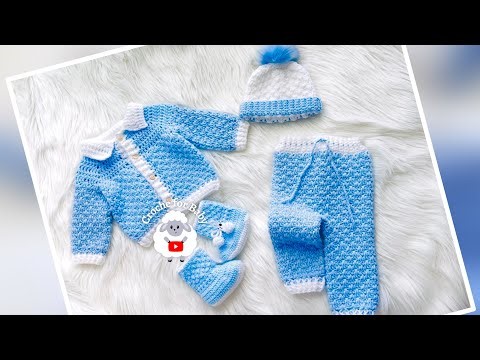 Crochet Set: Thomas Baby Blanket · Cardigan · Pants · Beanie with Easy Spike Granny Stitch