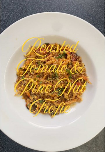 Trofie, roasted tomatoes and pine nuts. Make this pasta and be transported to Puglia via the pleasure dome #fyp #trofie #pasta #vegan