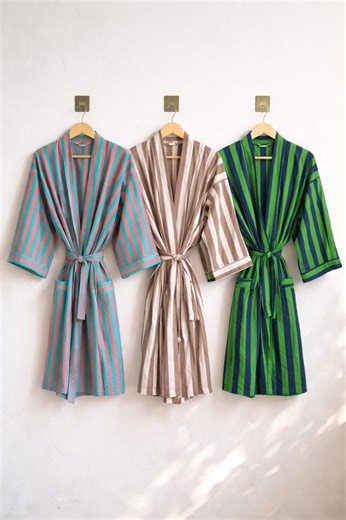 Striped Cotton Kimono Robe for Women, Lightweight Summer Kimono Jacket, Boho Dressing Gown, Handmade Loungewear, Beach Cover Up - Etsy