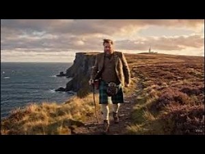 Scotsman Walking Wearing Kilt By Cliffs On Autumn History Visit To Coast Of Fair Isle Scotland