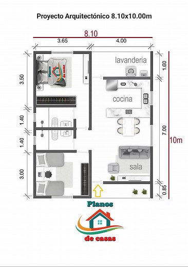 Proyecto Arquitectónico de 8x10 🏠 2 Dormitorios 🏠 Cocina - comedor 🏠 Sala 🏠 Lavanderia #Planos #casa #vivienda #arquitectura #architecture #planosdecasas #planosydiseñosdecasas #proyectoarquitectonico | Planos y Diseños de casas