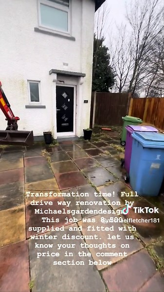 Read caption …. full renovation by @michaelsgardendesigns this job was 8,500 supplied and fitted with winter discount! This included garden wall ,4ft fence, drive way using 900mm by 600mm gray flag stones with charcoal boarder and a step out of charcoal kerbs👌🏻 let us know your thoughts in the comment section below #fyp #brickwork #landscaper #flag #makeover
