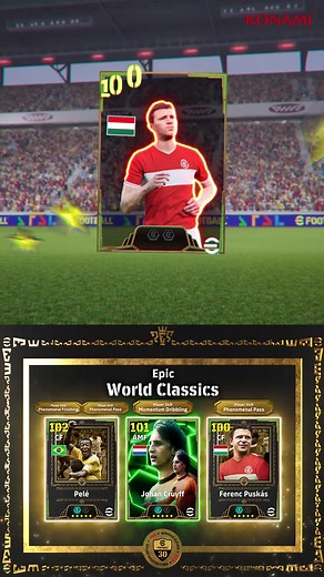 Epic: World Classics 👑 It's time to hit the pitch with the very best the footballing world has had to offer! 🌟 🇧🇷 Pelé 🇳🇱 Johan Cruyff 🇭🇺 Ferenc Puskás As far as EPIC collections go, this could be the best one yet! 🙌 | eFootball