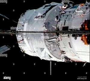 In this image from NASA Television, shows the Jules Verne Automated Transfer Vehicle after docking to the Zvezda Service Module on the International Space Station, Thursday, April 3, 2008. Jules Vern is the first fully automated resupply spacecraft to travel to the station. (AP Photo/NASA TV Stock Photo - Alamy