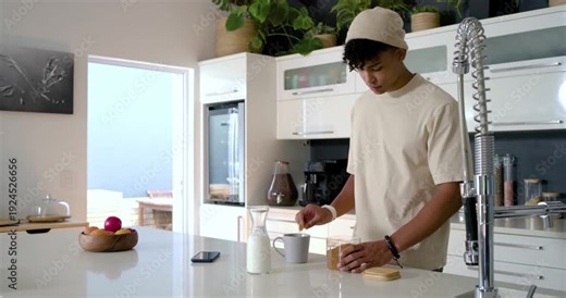 Opening jar, man is scooping, stirring and pouring kettle into mug on kitchen island for drink