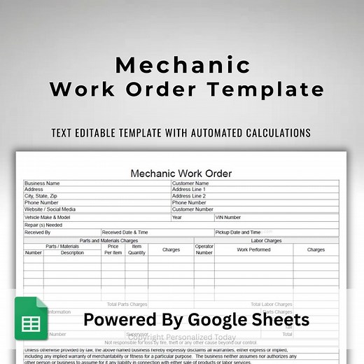 Mechanic Work Order Automotive Invoice Google Sheets Editable Spreadsheet Template With Totals Calculations - Etsy